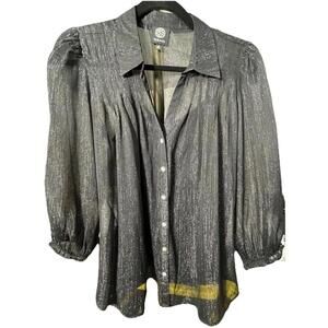 Bobeau Metallic Gunmetal Blouse Womens Black Sheer Metallic Shiny Top Sz S